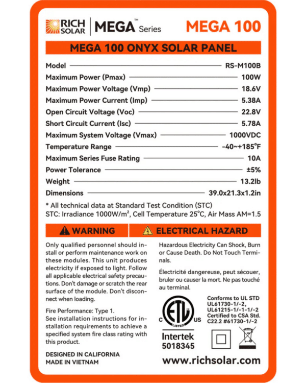 Rich Solar MEGA 12V 100 Watt Solar Panel