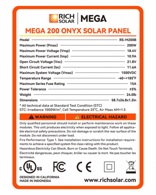 Rich Solar MEGA 12V 200 Watt Solar Panel