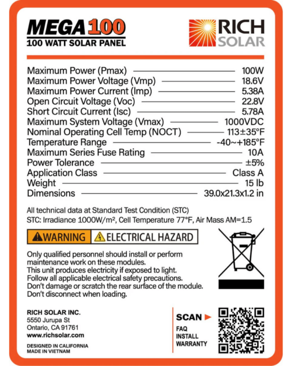 Rich Solar MEGA 12V 100 Watt Solar Panel
