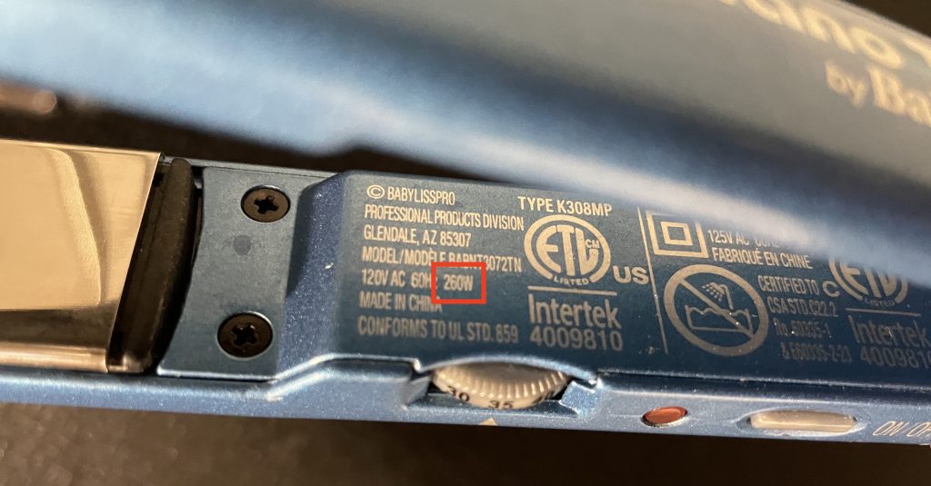 Watts of a hair straightener labeled inside