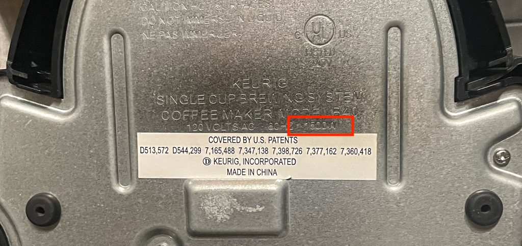 Watts of a Keurig coffee machine on the bottom