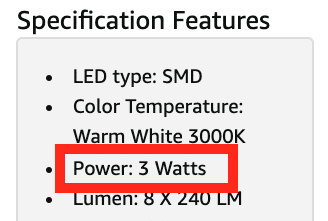 Wattage of RV LED light posted online