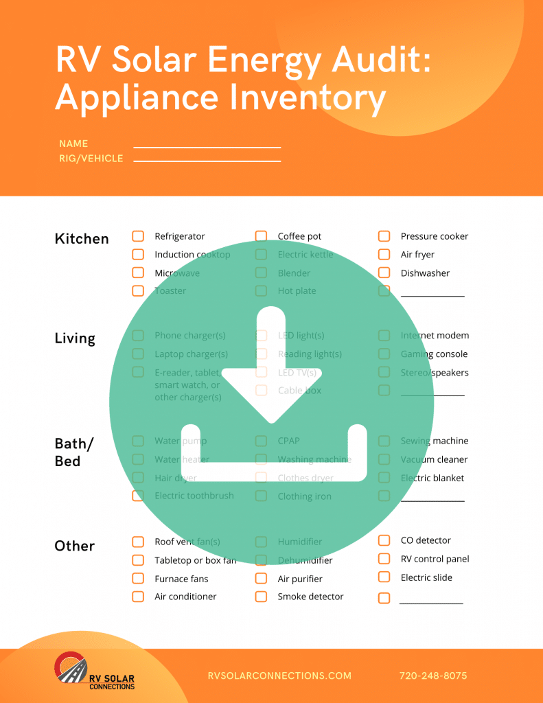 RV solar energy audit appliance checklist with download image