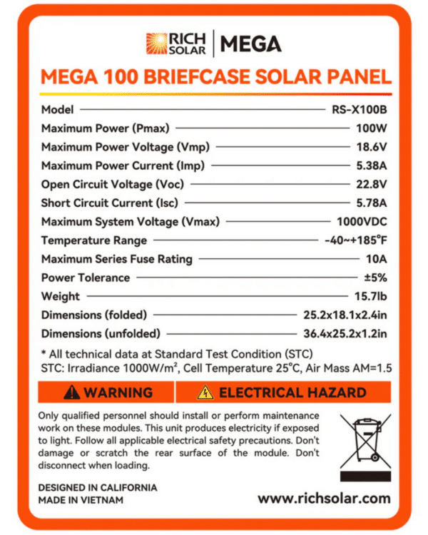 Rich Solar MEGA 12V 100 Watt Portable Briefcase Solar Panel