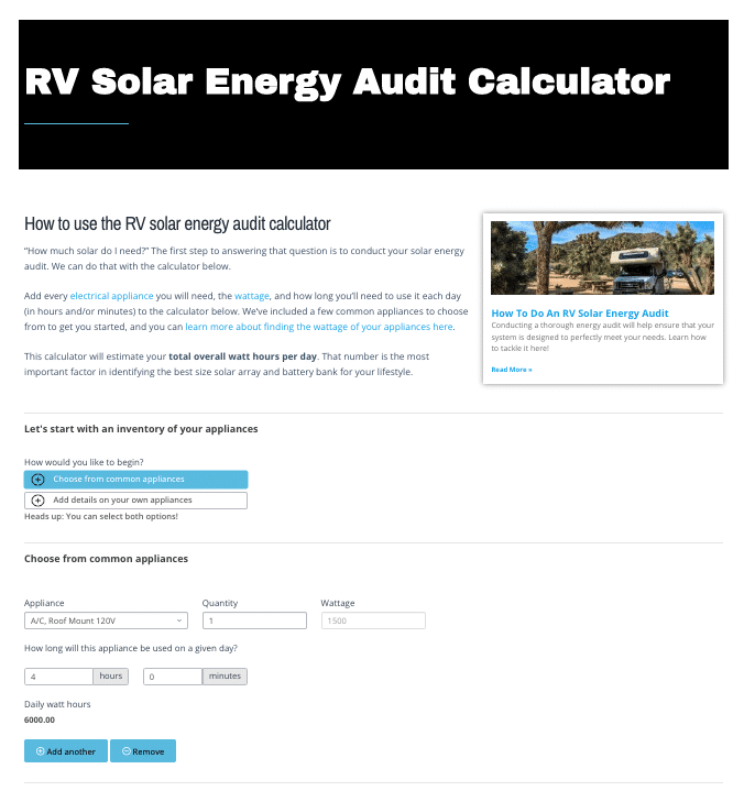 Screenshot of the solar energy audit calculator